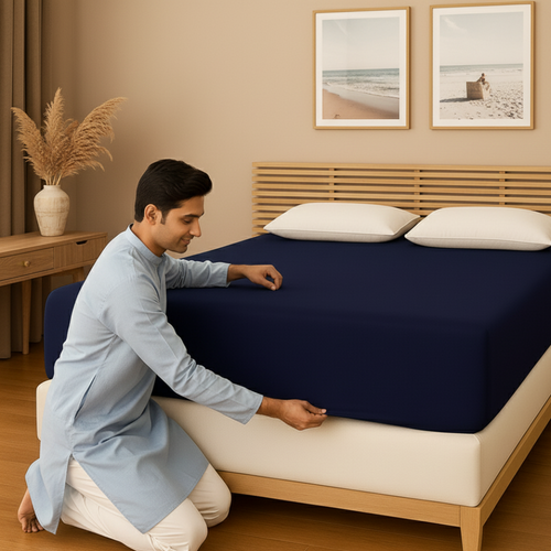 Lycra Navy Blue Waterproof Mattress Protector